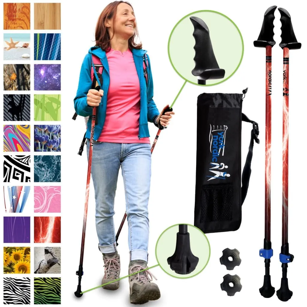 Red Burner Hiking - Walking Poles - 2 pack - adjustable pair w-flip locks, detachable feet and travel bag - For Heights up to 6’2”