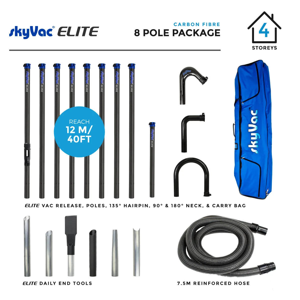 SkyVac® Elite Carbon Fiber Poles with Hose, Neck & End Tools (You Choose)