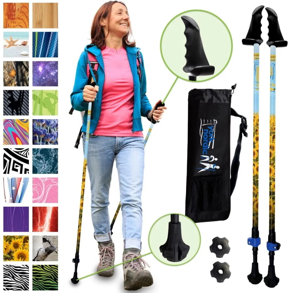 Sunflower Hiking & Walking Poles w-flip locks, detachable feet and travel bag - pair - For Heights up to 6’2”