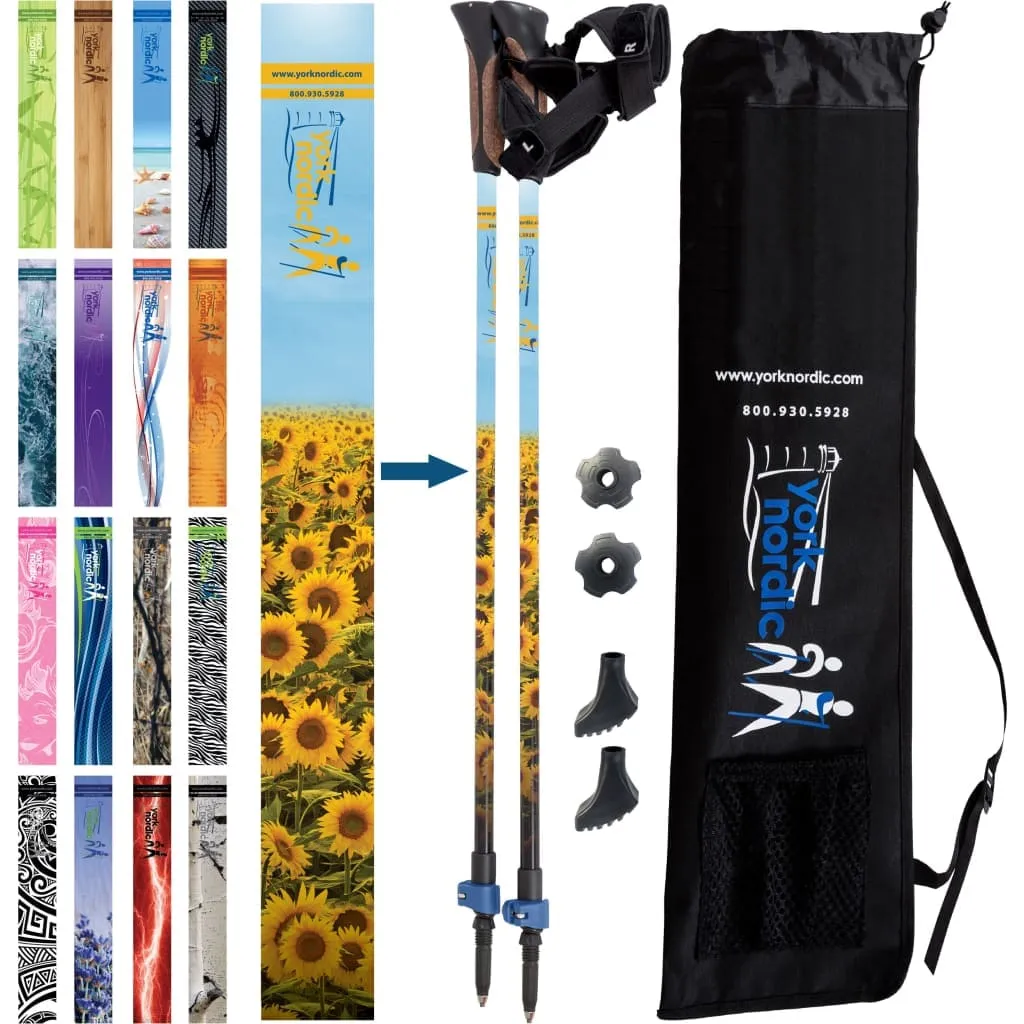 Sunflower Hiking & Walking Poles w-flip locks, detachable feet and travel bag - pair - For Heights up to 6’2”