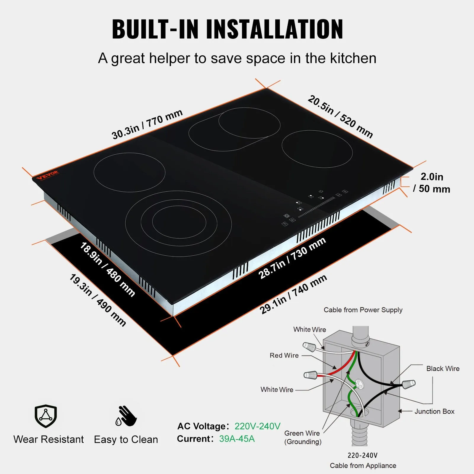 Vevor Built-In Electric Stove Top 30.3" x 20.5" 4-Burner 240V Sensor Touch Glass Cooktop with 9 Power Levels New